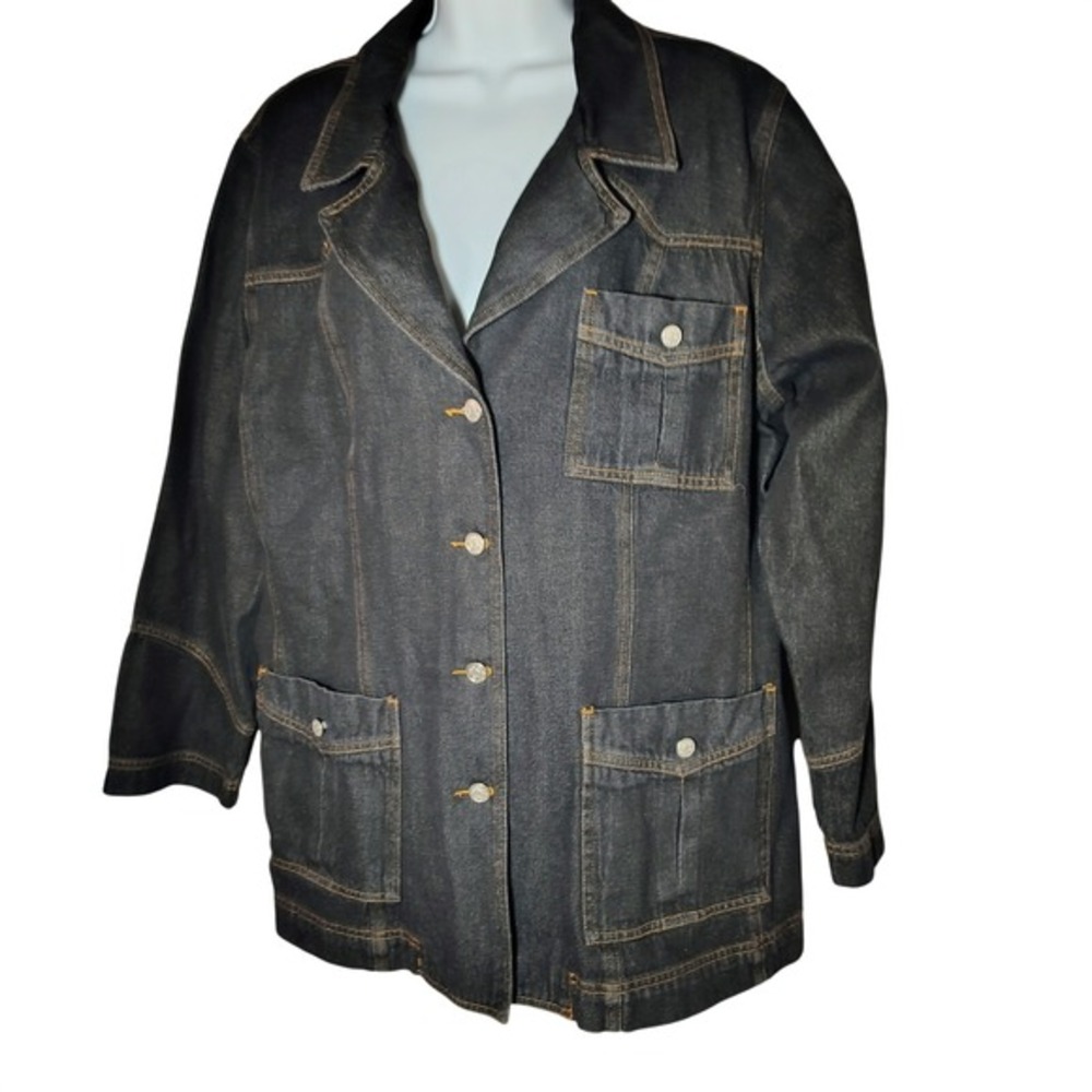 DENIM & CO. Women Black Denim Jacket Size 1X Button Front Pockets Trucker barn
